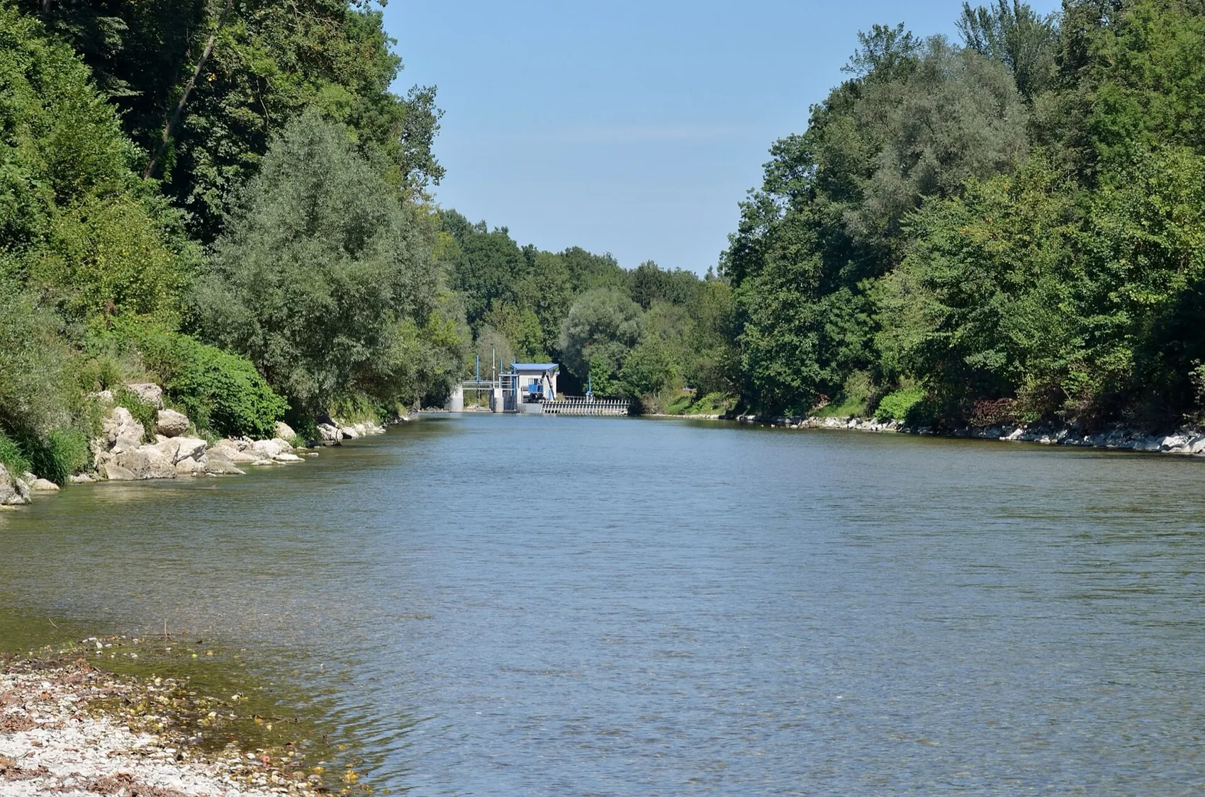 A river upstream of a run-of-river weir